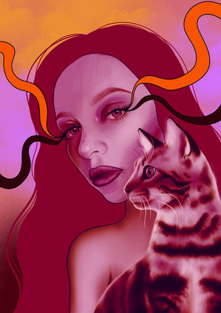 Glow And Purr by Sabrina Rosenblatt - a woman with long pink hair leaning towards a tabby cat