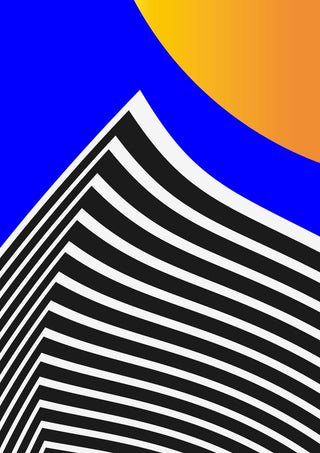 Pyramid by Aleksi Allan - a striped black and white mountain under a blue sky with an orange sun