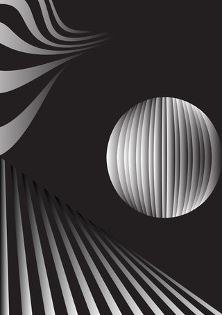 Monochrome II by Aleksi Allan - a striped sphere with fans of grey and white lines