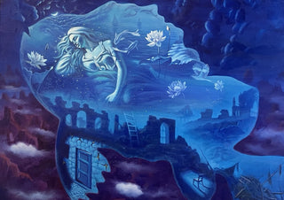 Genom den blå tystnaden by Ramz Gadzh - a sleeping woman formed from a blue cloud above ruins