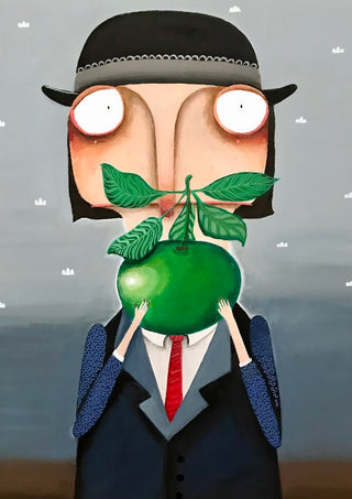 Die Apfelallergie by lacaluna - a bowler-hatted figure holding a green apple before a grey sea