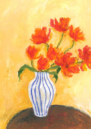 Tulips by Deblina Dey - orange-red tulips in a blue-striped vase on a dark brown table