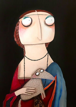 Die Dame mit dem Hermelin by lacaluna - a figure in red and blue holding a grey-brown animal
