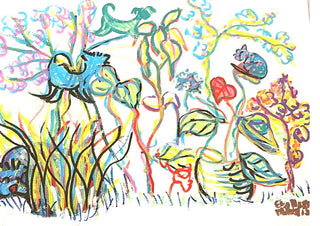 Garden in Bloom by Eva Hartman - flowers, leaves and a blue bird drawn in bright felt-tip