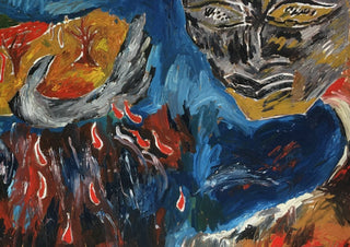 Tears of Gaia by Will Black - a grey and ochre face with red teardrops falling through blue