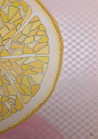 Lemon Slice by L.OE. Art - a half lemon slice in outlined yellow segments on patterned pink