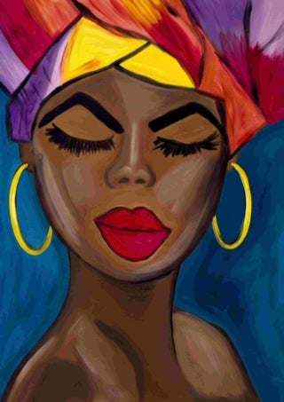 Crowned in color by Bibi - a woman with a colourful headwrap against teal blue