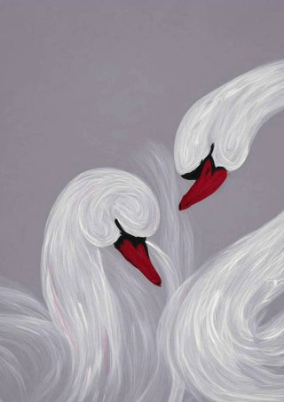 The Swirl of Us by Bibi - two white swans with deep red beaks on a soft grey ground