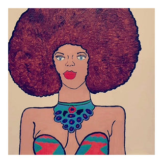 Afrocentric Radiance by Bibi - a woman with a wide auburn afro and a blue petal collar on cream