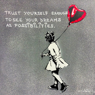 Trust Yourself by Cash - a stencilled girl with a red heart balloon on silver grey