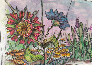 Garden Flowers by RenataK - a zinnia and cornflower in a flower bed under a pink sky