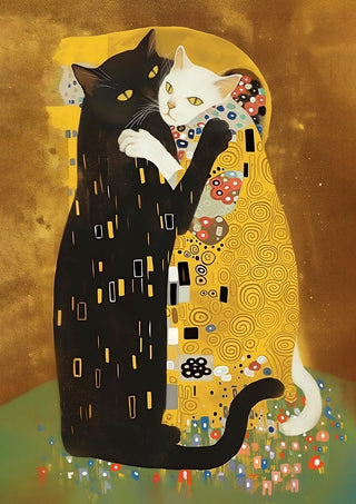 Kitty Kiss by Dikhotomy - a black cat and a white cat in the gold pattern of Klimt's The Kiss