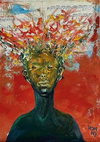 The Sound by Ronny Simon - a green head opening into a burst of red and yellow over sheet music