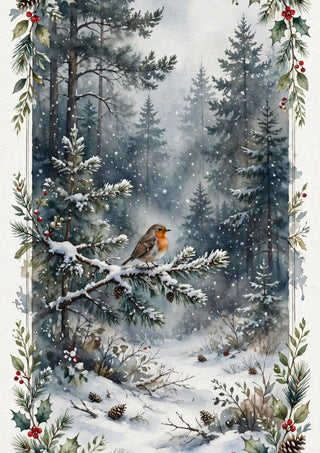 Mr Robin by KG Studio - a robin on a snowy pine branch in a misty winter wood