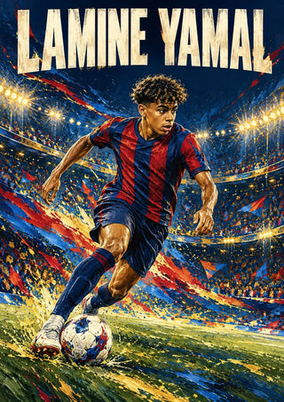 Lamine Yamal by Danii Steinfeldt - Lamine Yamal driving forward in blue and claret under floodlights