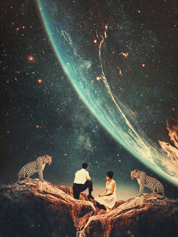 A man and woman sit on a rocky ledge with two leopards, gazing at a vast cosmic sky and distant planet.