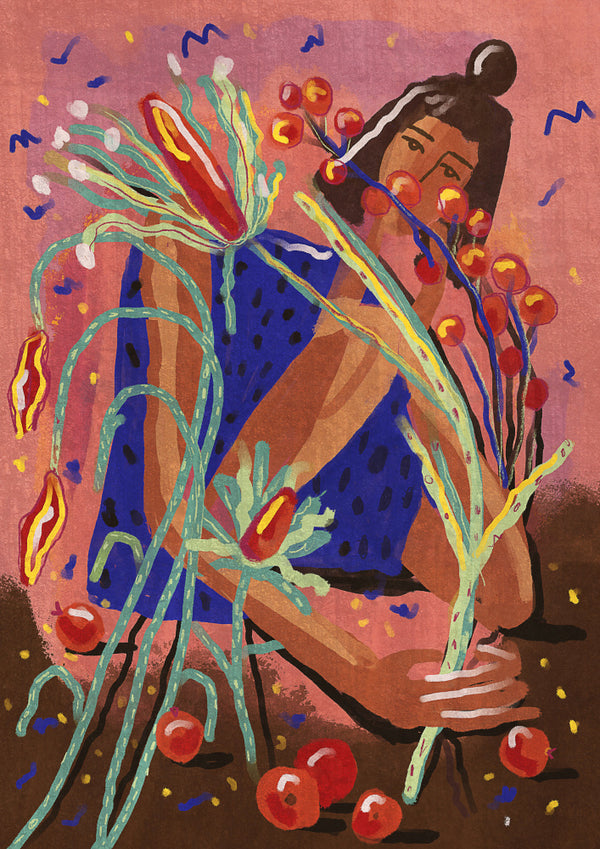 Illustration of a person in blue picking colorful abstract flowers, from "Pick a Flower" by Raissa Oltmanns.