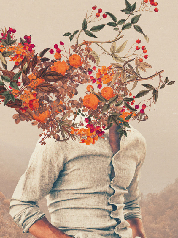Surreal portrait of a person with their head replaced by vibrant flowers and foliage, Roots Bright by Frank Moth.