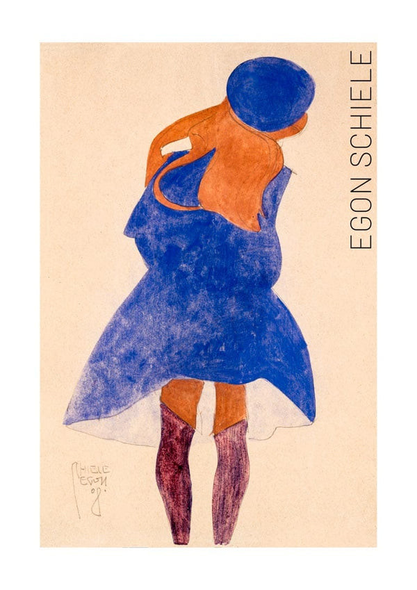 Art print of Egon Schiele’s "Standing Girl, Back View" (1908), featuring a girl in a blue dress and hat.