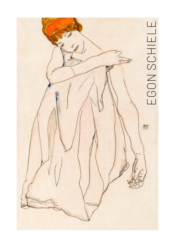 Poster of "Dancer" (1913) by Egon Schiele, featuring a stylized figure with orange headwear.