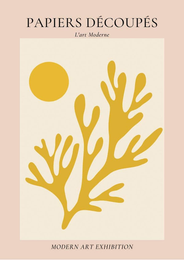 French art-inspired poster with abstract yellow coral and circle on beige, text "Papiers Découpés".
