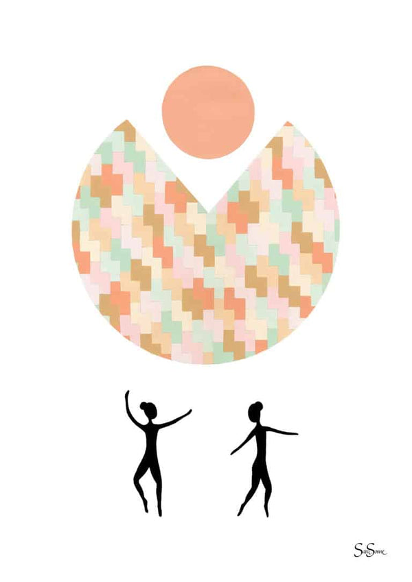 Abstract artwork for Sara Sonne - Open featuring two dancing figures and a patterned semicircle with a sun above.