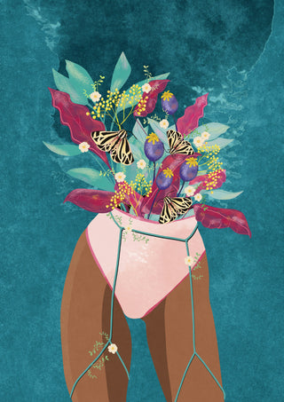 Illustration of a woman's lower body with flowers and butterflies blooming from her waist, by Feel florish - Raissa Oltmanns.