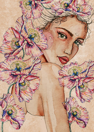 Artistic portrait of a woman surrounded by pink poppies, from "Woman with Poppies" by Raissa Oltmanns.