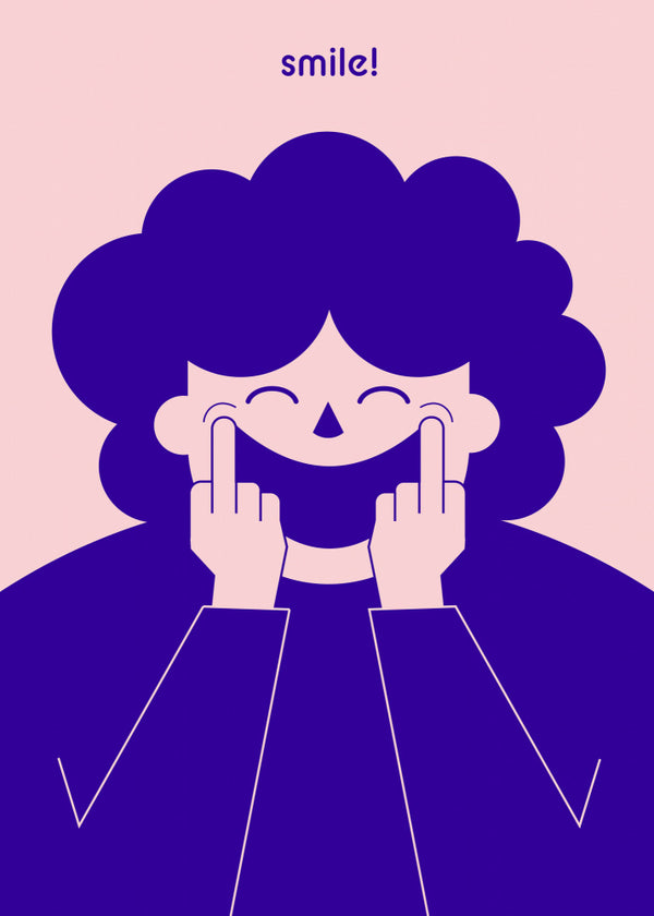 Illustration of a person using their fingers to make a big smile, with "smile!" text above.