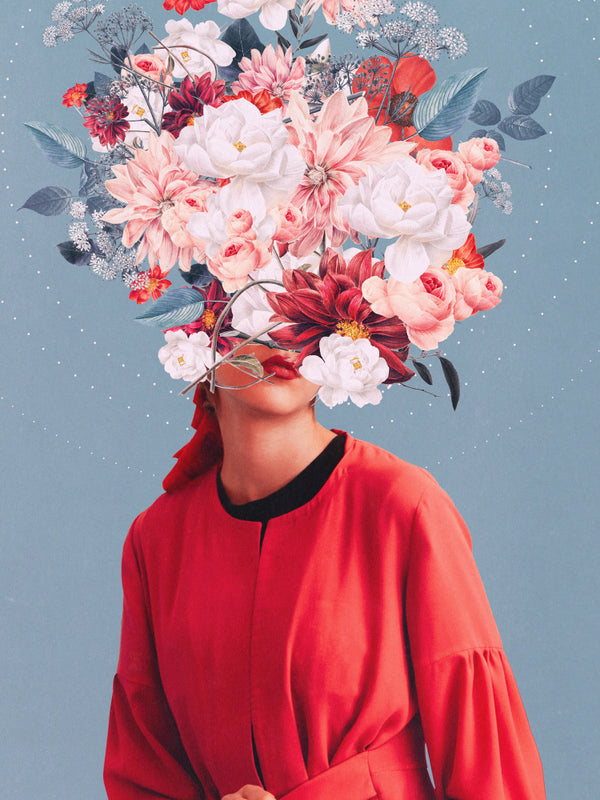 Surreal portrait of a woman in red with her face obscured by a large bouquet of flowers, on a blue background.