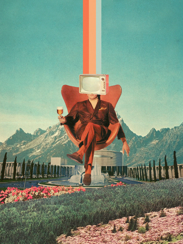 Surreal art print of a person with a TV for a head, seated in a chair, mountains and flowers in the background.