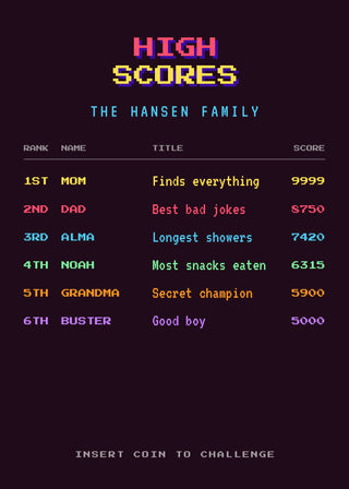 Family High Score personalised poster – an arcade high-score table with six family members and their funny titles (Plum)