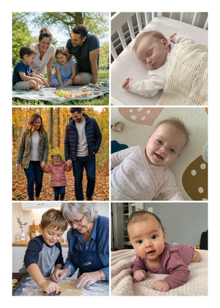 Family Collage personalised poster – 6 family photos in an even grid, with a white border and fine white lines