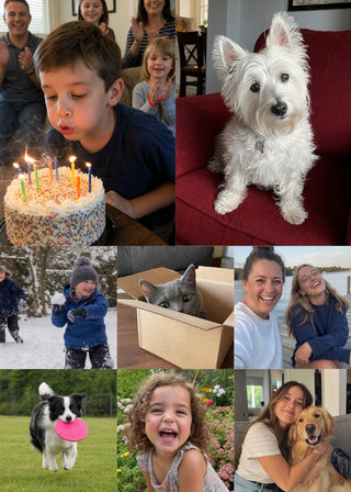 Family Collage with featured photo personalised poster – 8 family photos with two large featured photos, edge to edge without a border