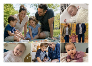 Family Collage landscape with featured photo personalised poster – 6 family photos with one large featured photo, with a white border and fine white lines