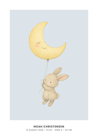 Flying Bunny personalised baby poster – bunny holding on to a smiling moon balloon on dusty blue