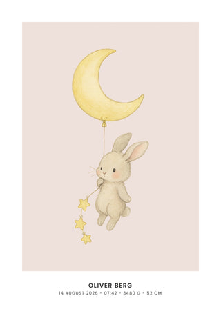 Flying Bunny personalised baby poster – bunny with moon balloon and stars on dusty rose
