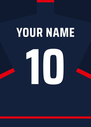 Personalised football shirt poster in France's navy blue with white lettering – a name and number on the back