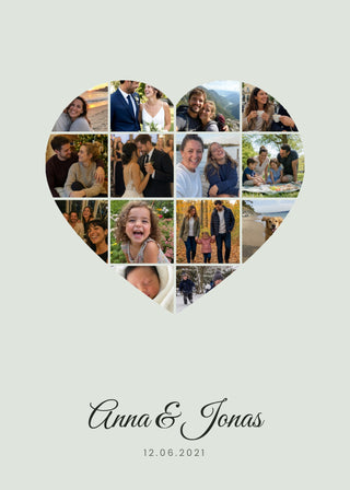 Heart Collage personalised poster – a photo heart with large handwritten names below, on sage
