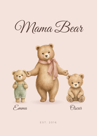 Mama Bear personalised watercolour poster with children's names – Dusty rose