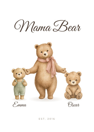 Mama Bear personalised watercolour poster with children's names – White
