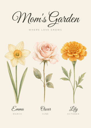 Mom's Birth Flower Garden personalised watercolour poster – Cream