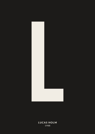 My Letter personalised poster in black – a large cream letter L with the name Lucas Holm and the year 1988