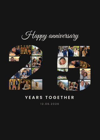 Number Collage personalised poster – the number 25 filled with photos for an anniversary, on black