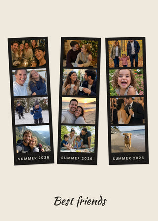 Photo Booth personalised poster – three tilted photo booth strips with twelve photos, on beige