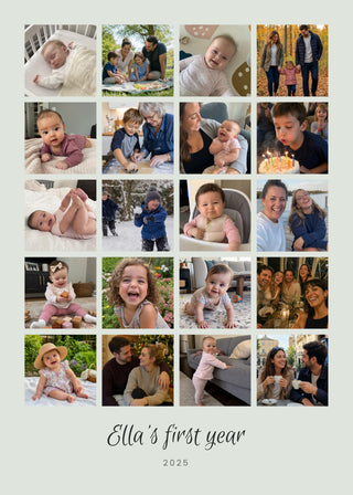 Photo Grid personalised poster – 20 baby and family photos in a grid for a first year, on sage