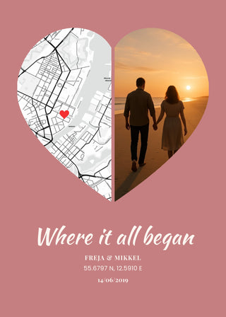 Where it all began, Photo & Map — delt hjerte med gadekort i venstre halvdel og eget foto i højre, på dusty rose bund