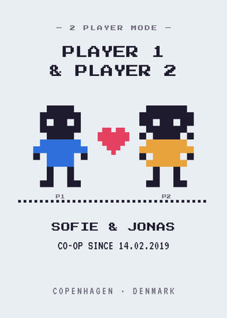 Player 1 & Player 2 personalised gamer couple poster – two pixel-art characters with a pixel heart, names, co-op date and place (Mist)