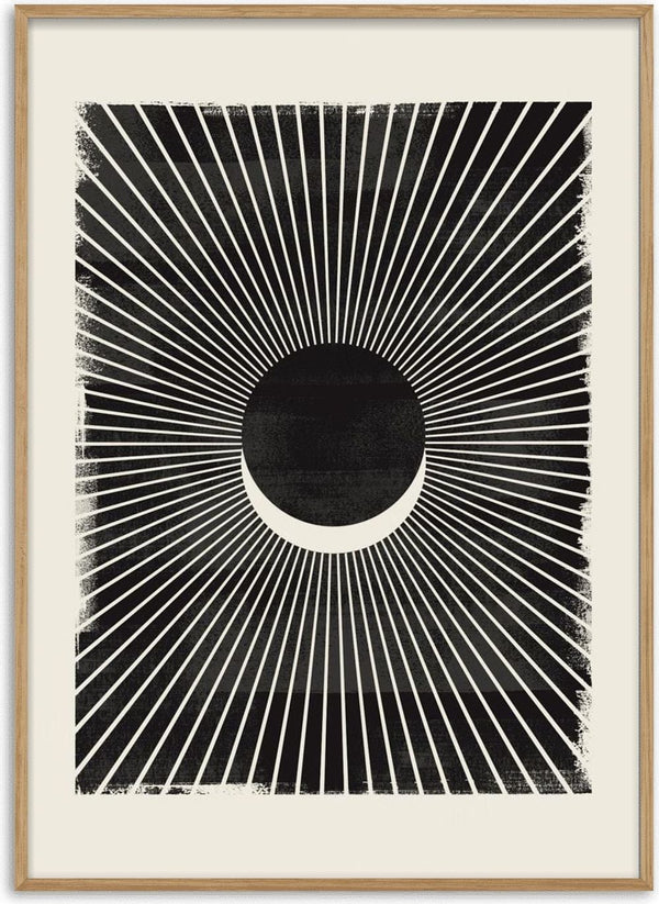 Abstract eclipse poster with a dark central circle, white crescent, and radiating lines on a textured background.