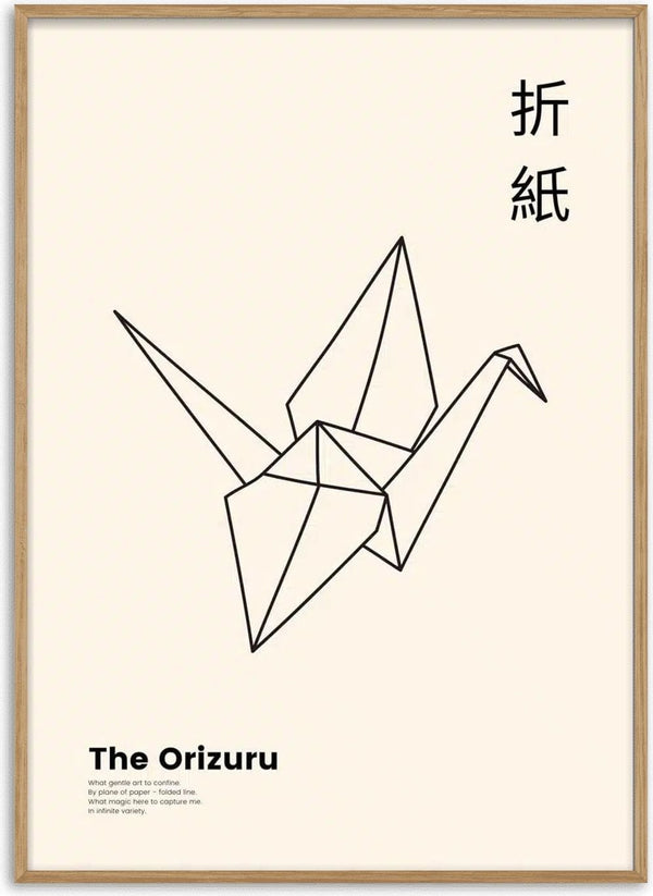 Minimalist poster of an origami crane with "The Orizuru" and Japanese characters, Japandi Origami Plakat design.